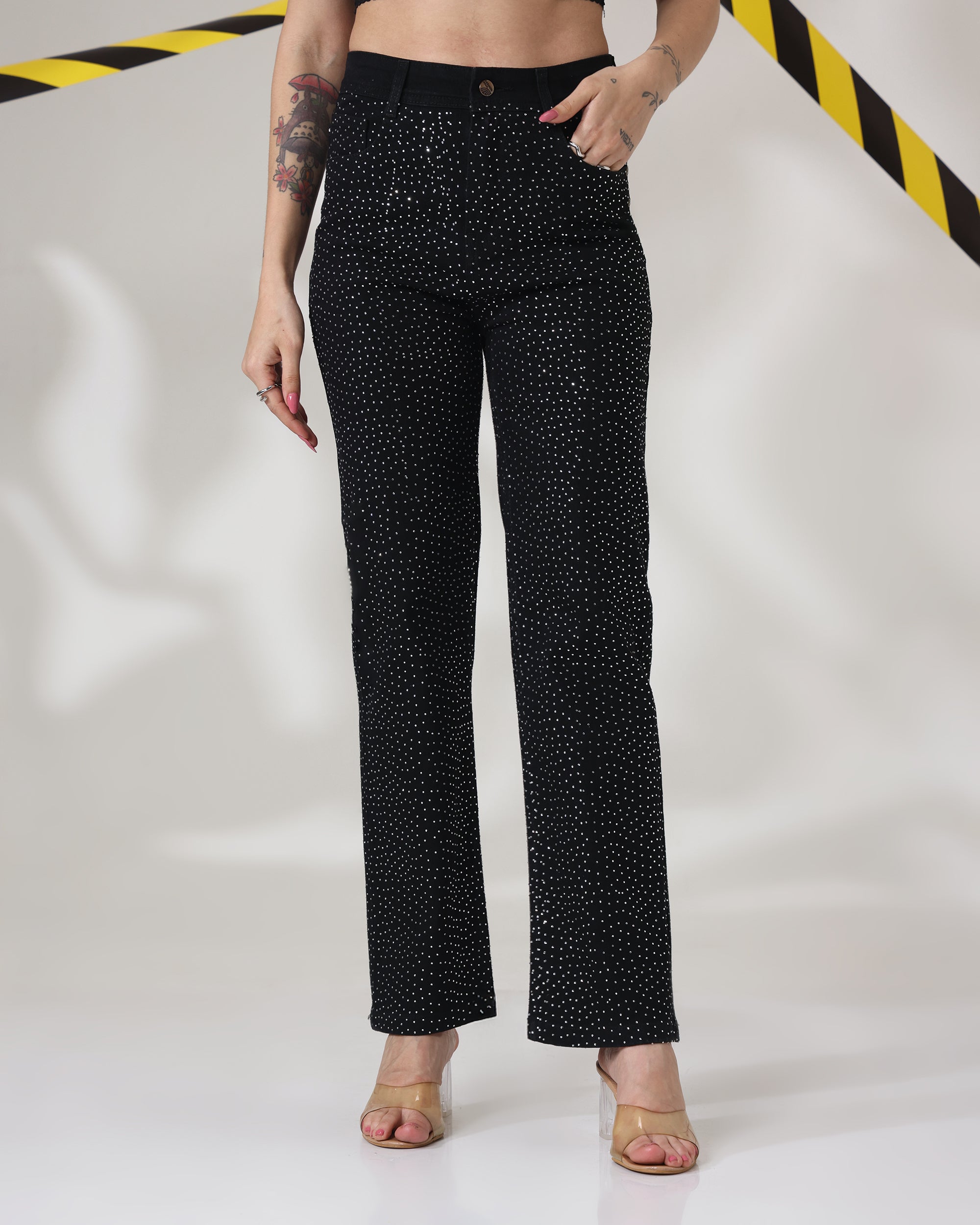 MIDNIGHT SHINE BLACK JEANS - Rhinestone Embellished Wide Leg Jeans