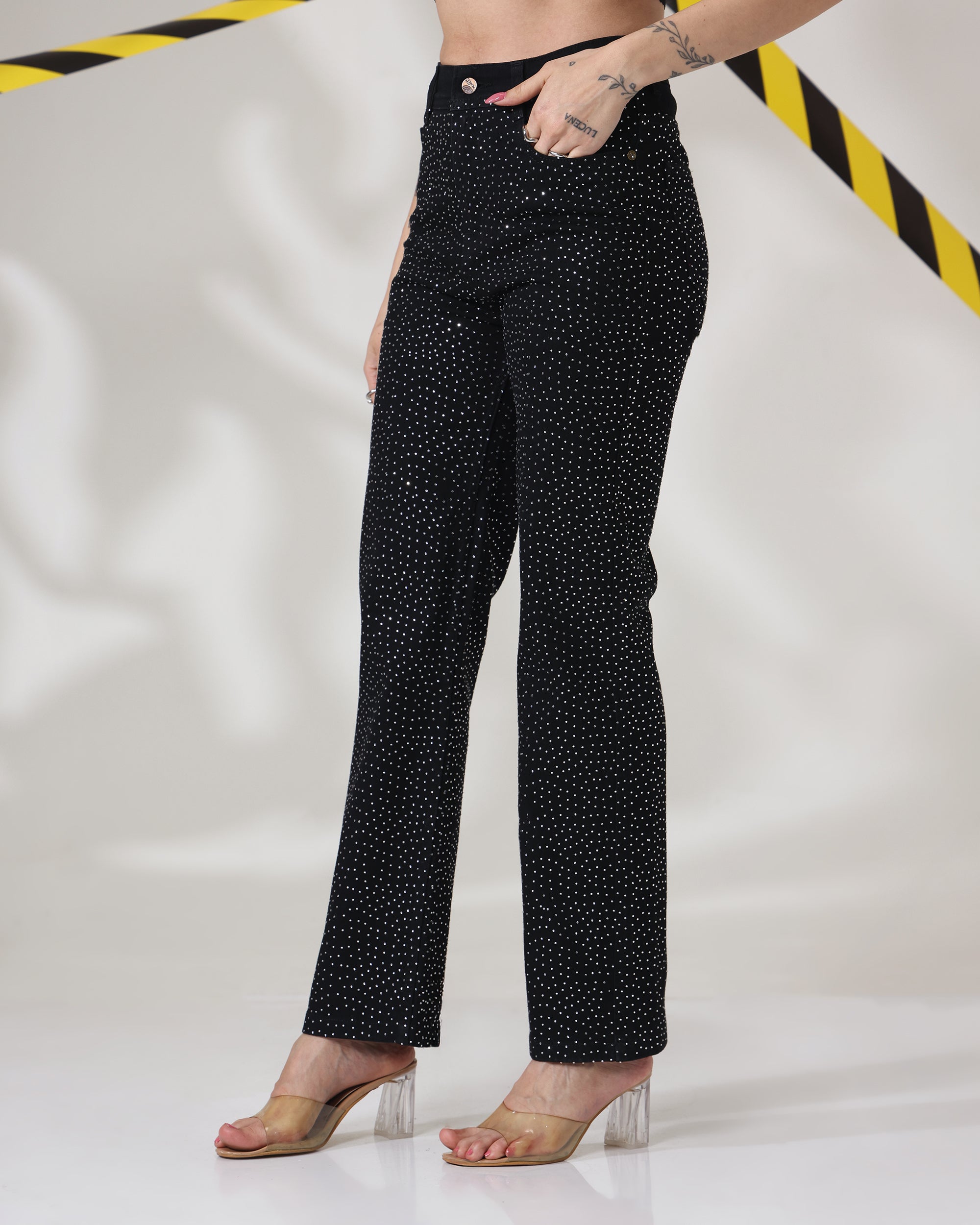 MIDNIGHT SHINE BLACK JEANS - Rhinestone Embellished Wide Leg Jeans