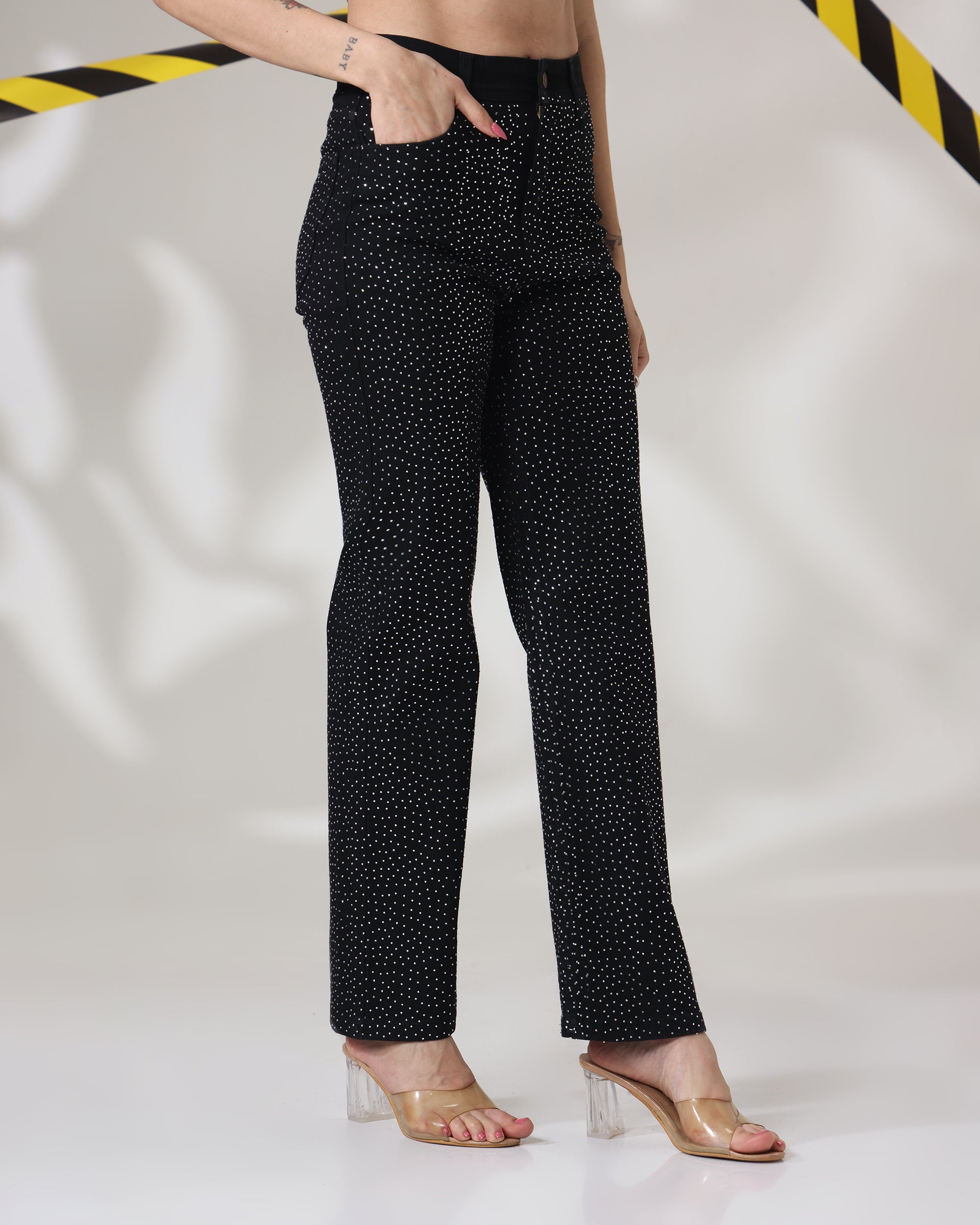 MIDNIGHT SHINE BLACK JEANS - Rhinestone Embellished Wide Leg Jeans