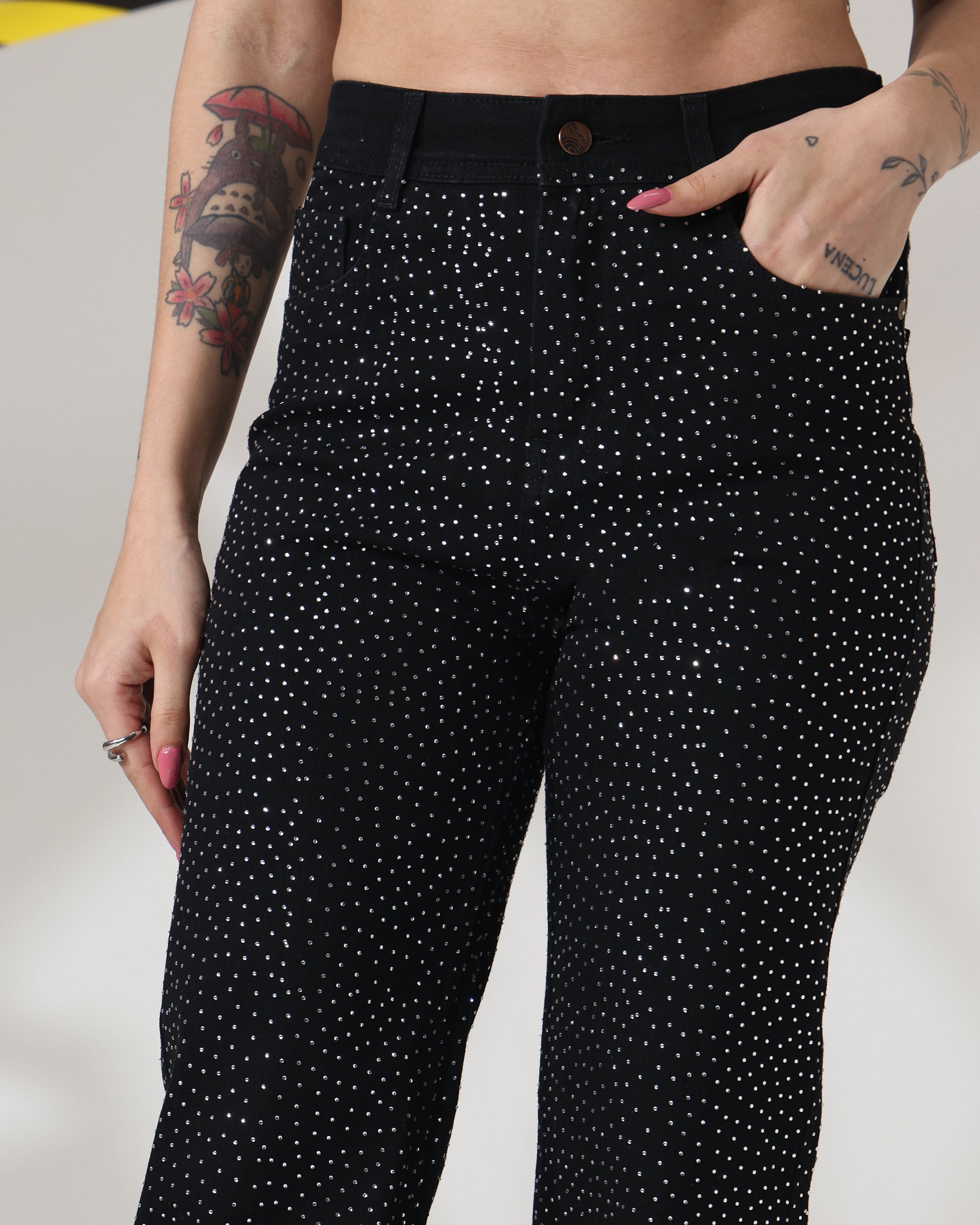 MIDNIGHT SHINE BLACK JEANS - Rhinestone Embellished Wide Leg Jeans