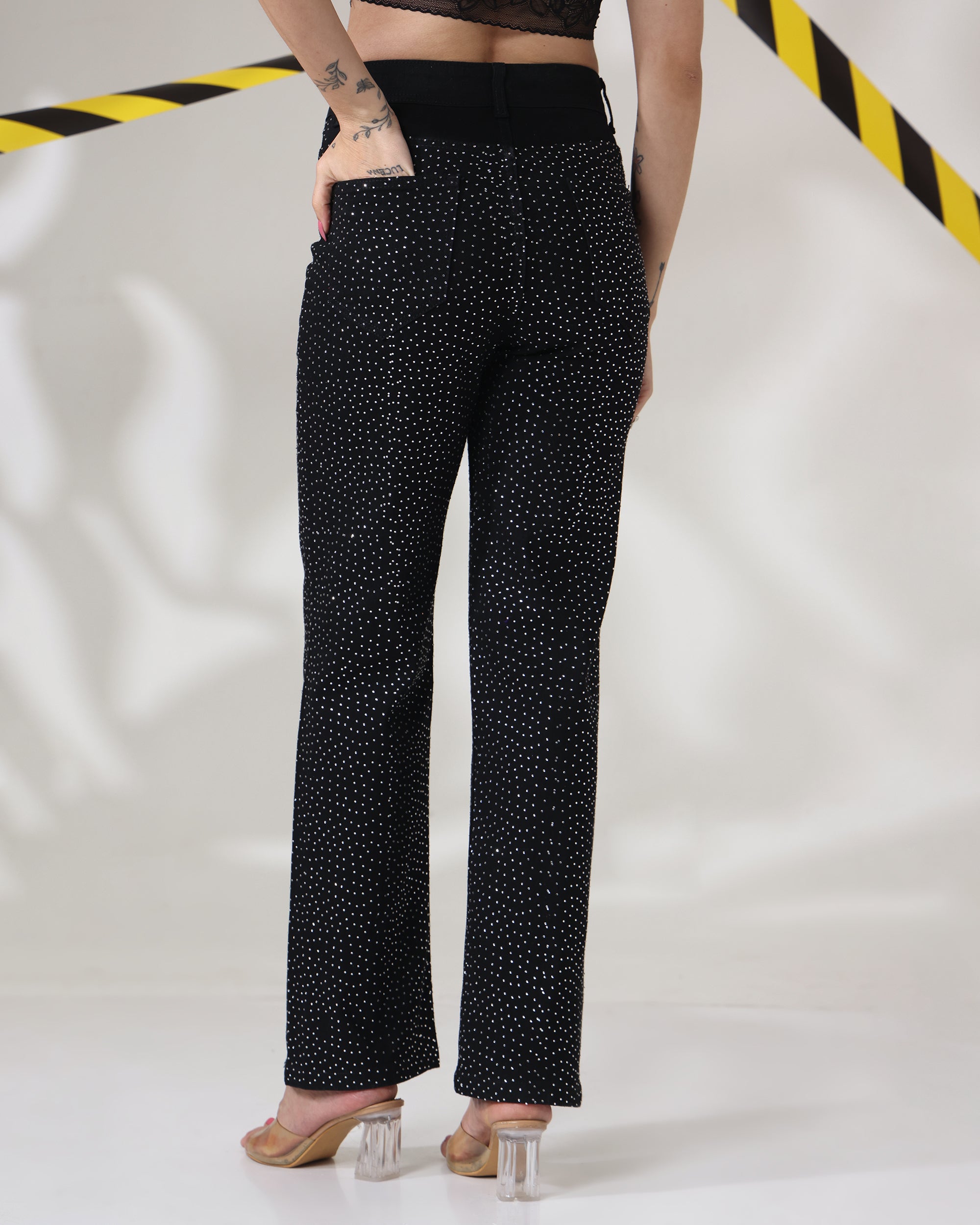 MIDNIGHT SHINE BLACK JEANS - Rhinestone Embellished Wide Leg Jeans