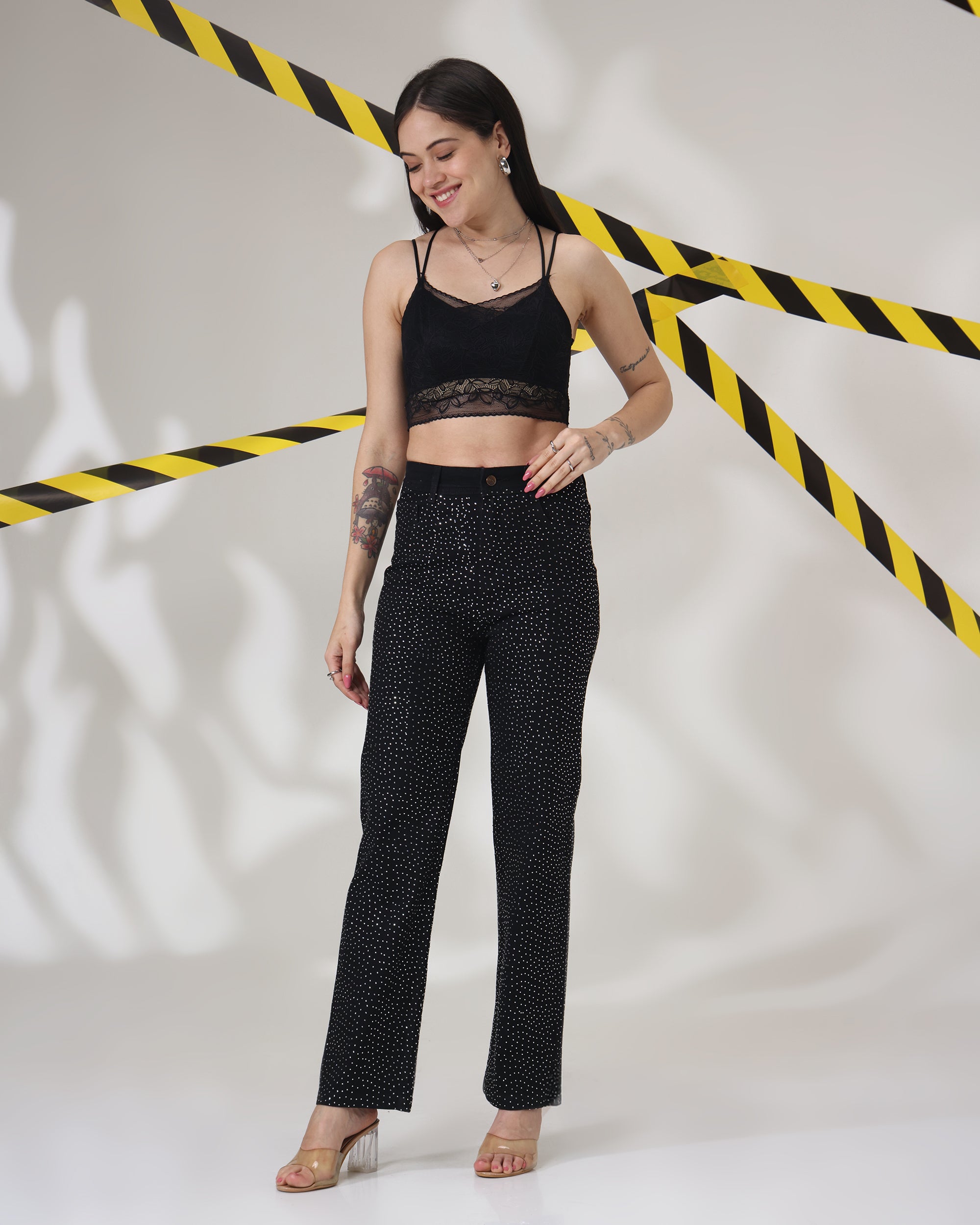 MIDNIGHT SHINE BLACK JEANS - Rhinestone Embellished Wide Leg Jeans