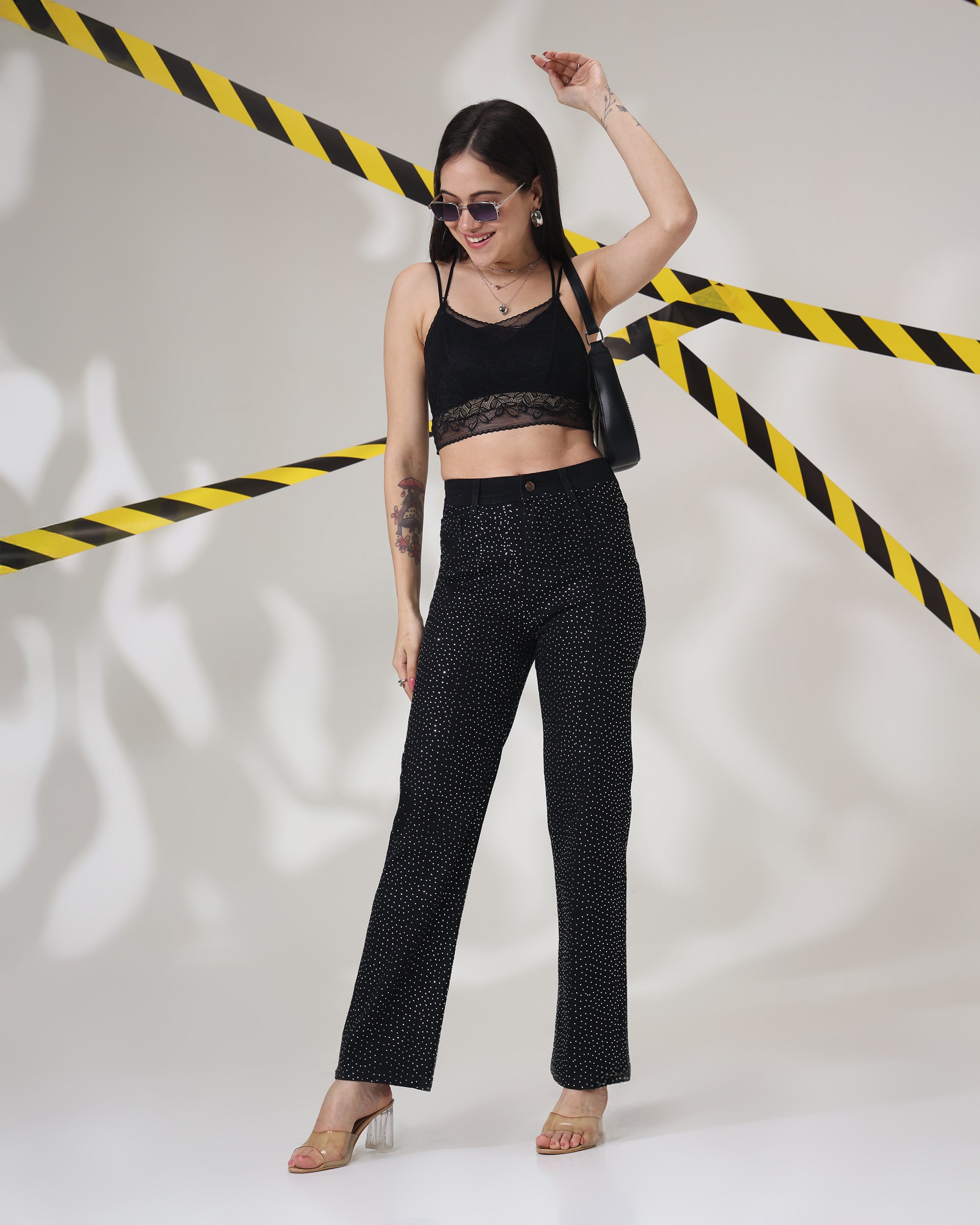 MIDNIGHT SHINE BLACK JEANS - Rhinestone Embellished Wide Leg Jeans