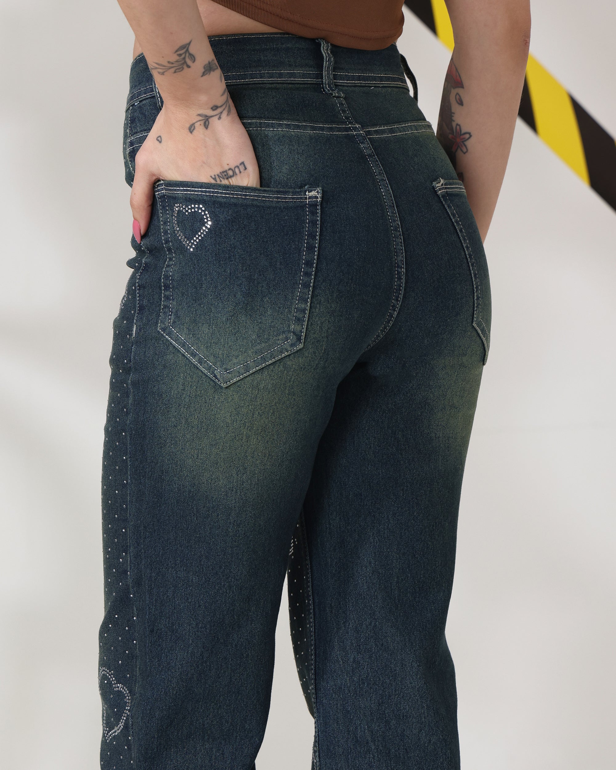 Dilbar High-Waist Wide Leg Jeans with Rhinestone Hearts
