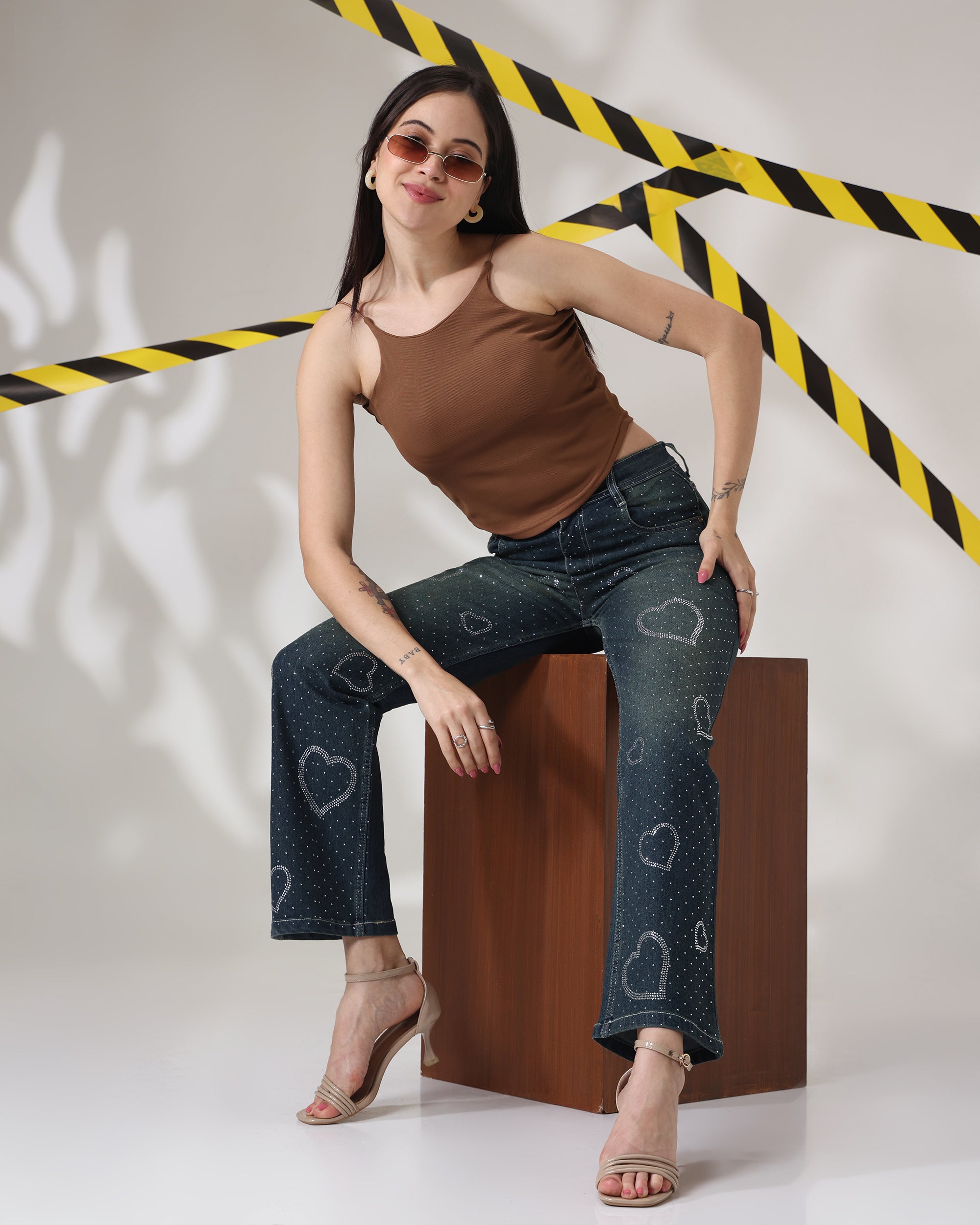 Dilbar High-Waist Wide Leg Jeans with Rhinestone Hearts