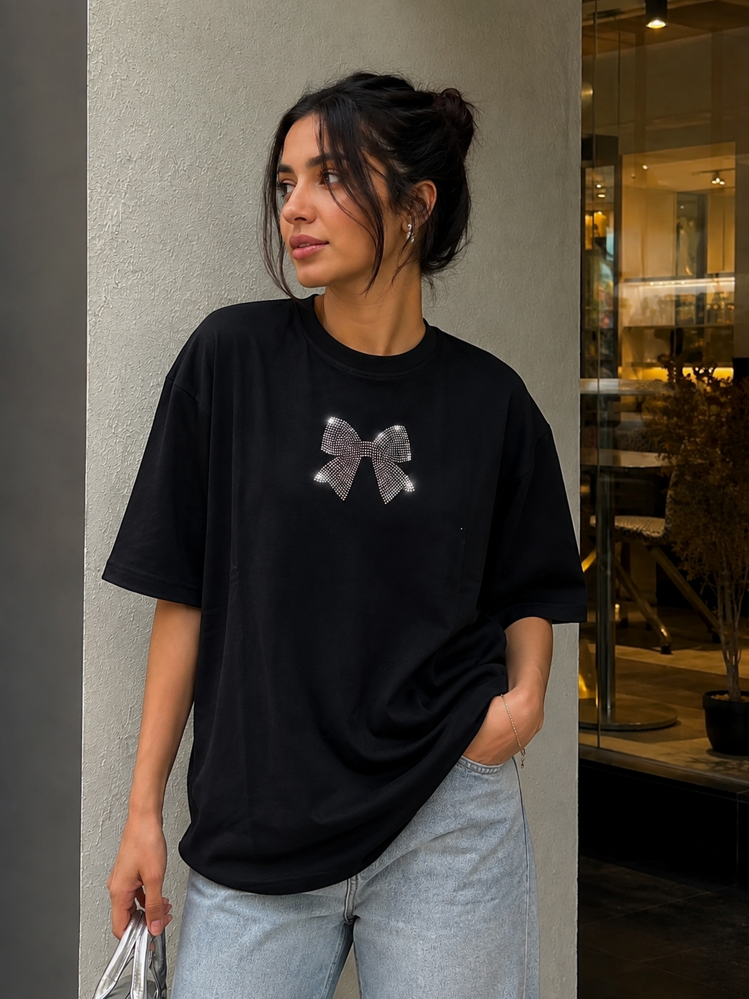 Midnight Bow Premium Oversized Rhinestone T-Shirt