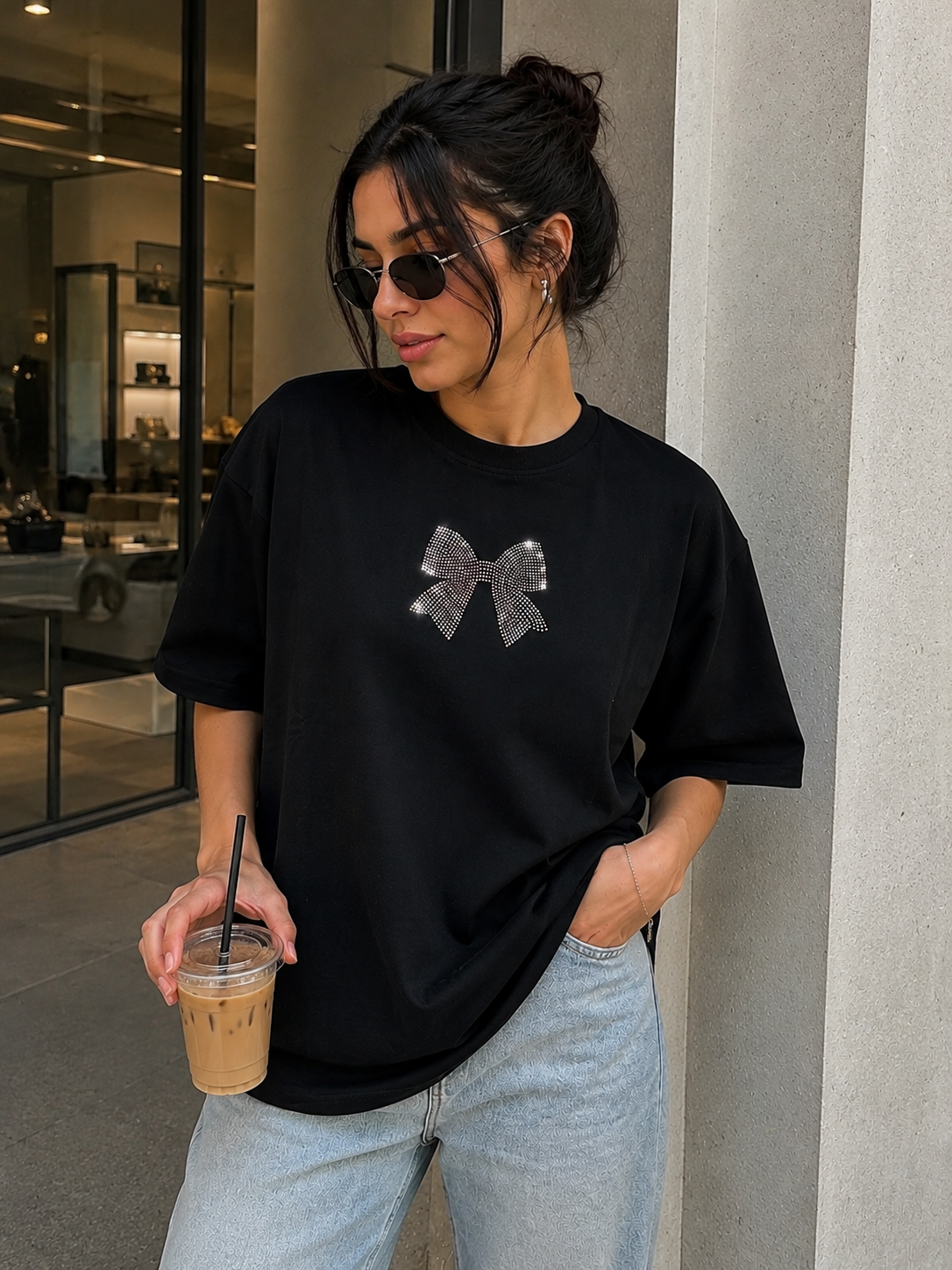 Midnight Bow Premium Oversized Rhinestone T-Shirt