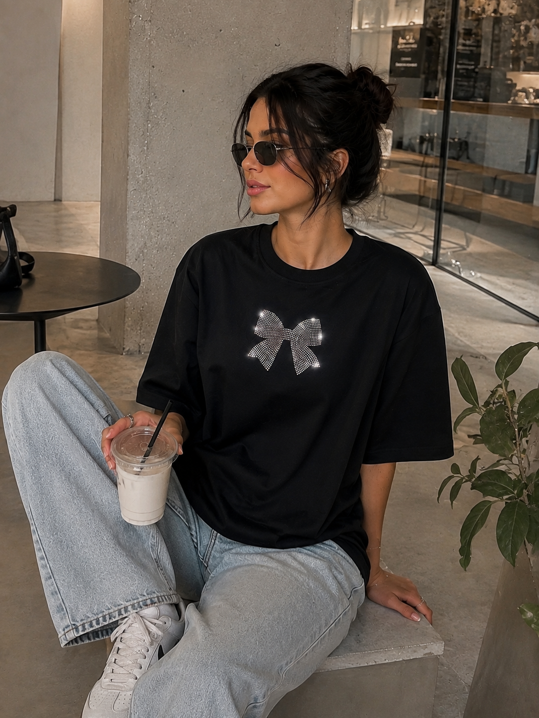 Midnight Bow Premium Oversized Rhinestone T-Shirt