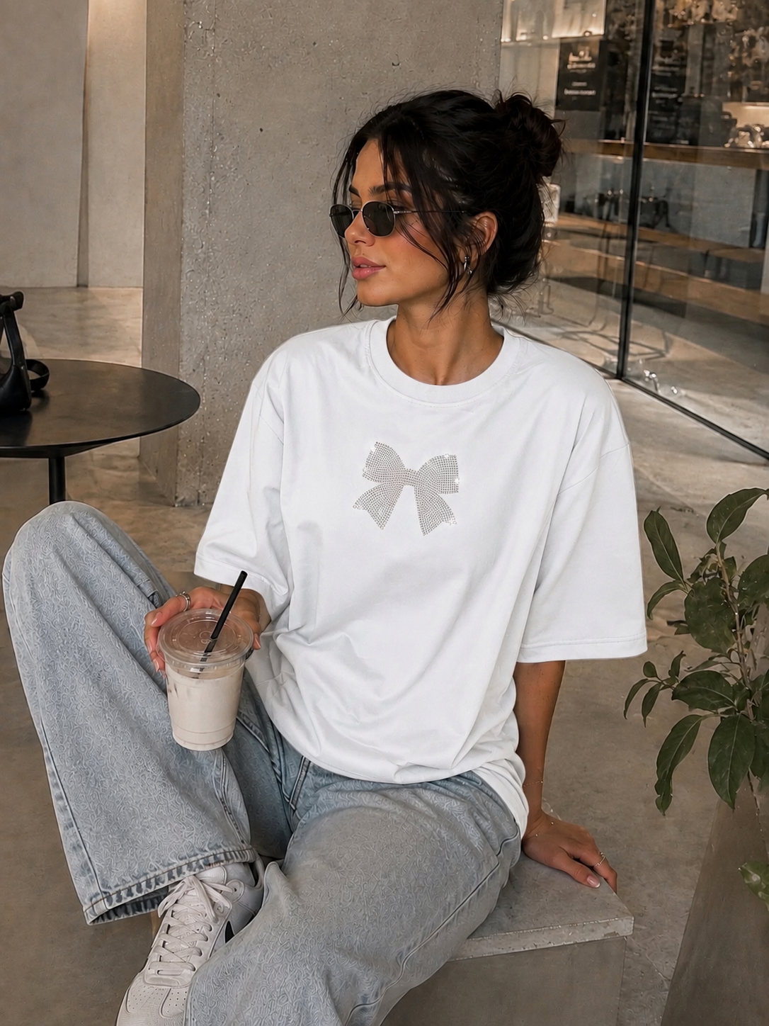 White Bow Premium Oversized Rhinestone T-Shirt