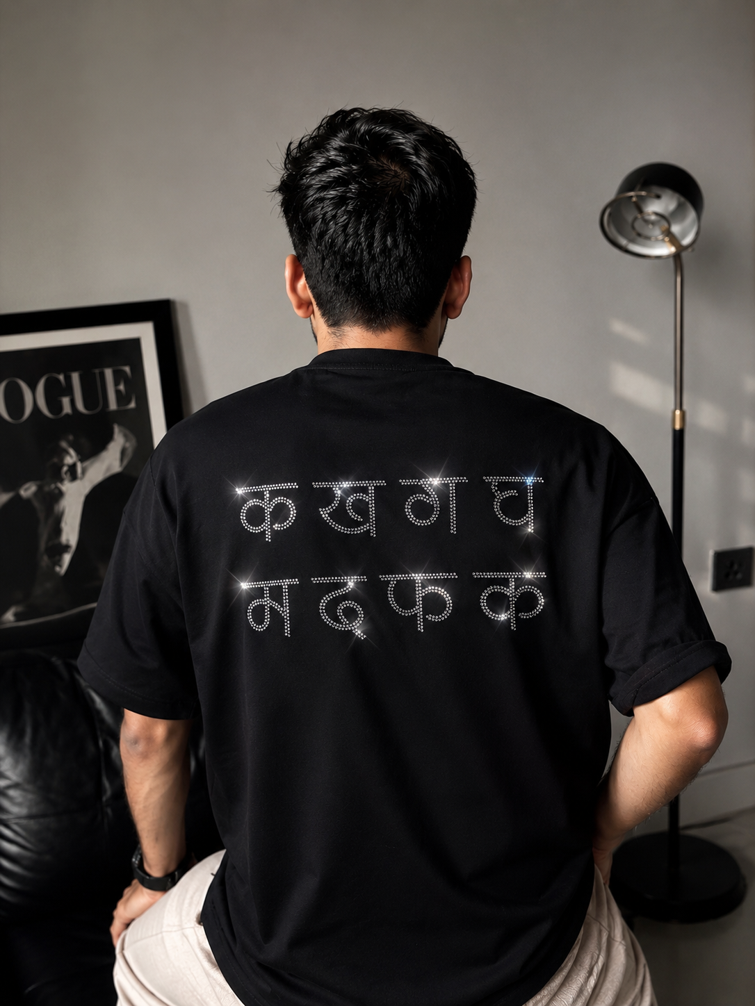 क ख ग घ म द फ क Rhinestone Hindi Typography Oversized Black T-Shirt