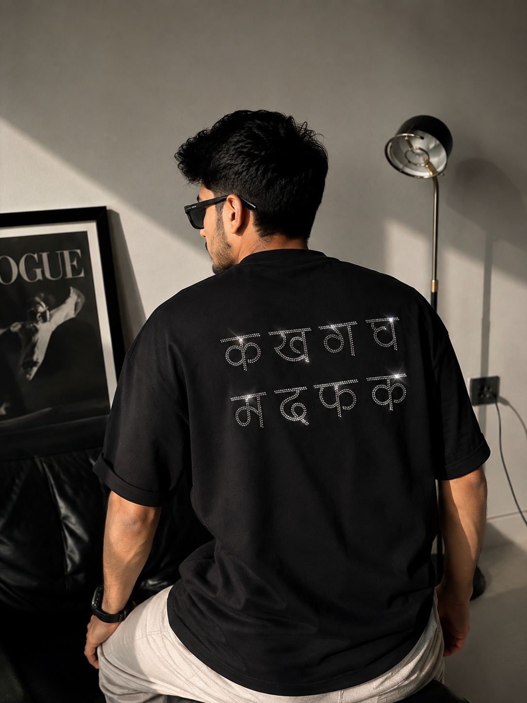 क ख ग घ म द फ क Rhinestone Hindi Typography Oversized Black T-Shirt