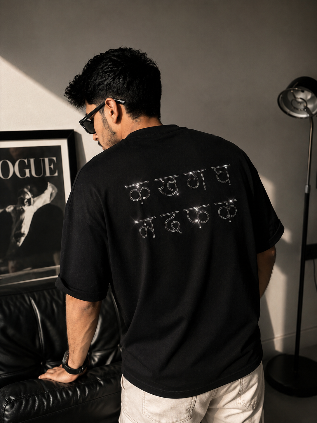 क ख ग घ म द फ क Rhinestone Hindi Typography Oversized Black T-Shirt