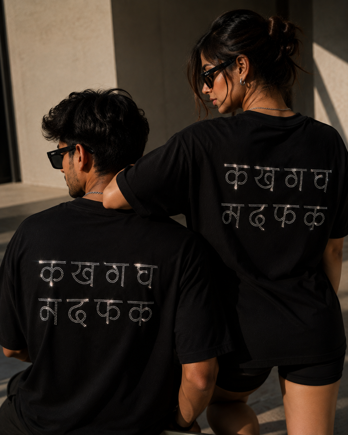 क ख ग घ म द फ क Rhinestone Hindi Typography Oversized Black T-Shirt