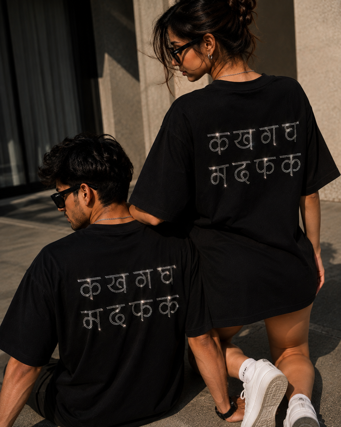 क ख ग घ म द फ क Rhinestone Hindi Typography Oversized Black T-Shirt