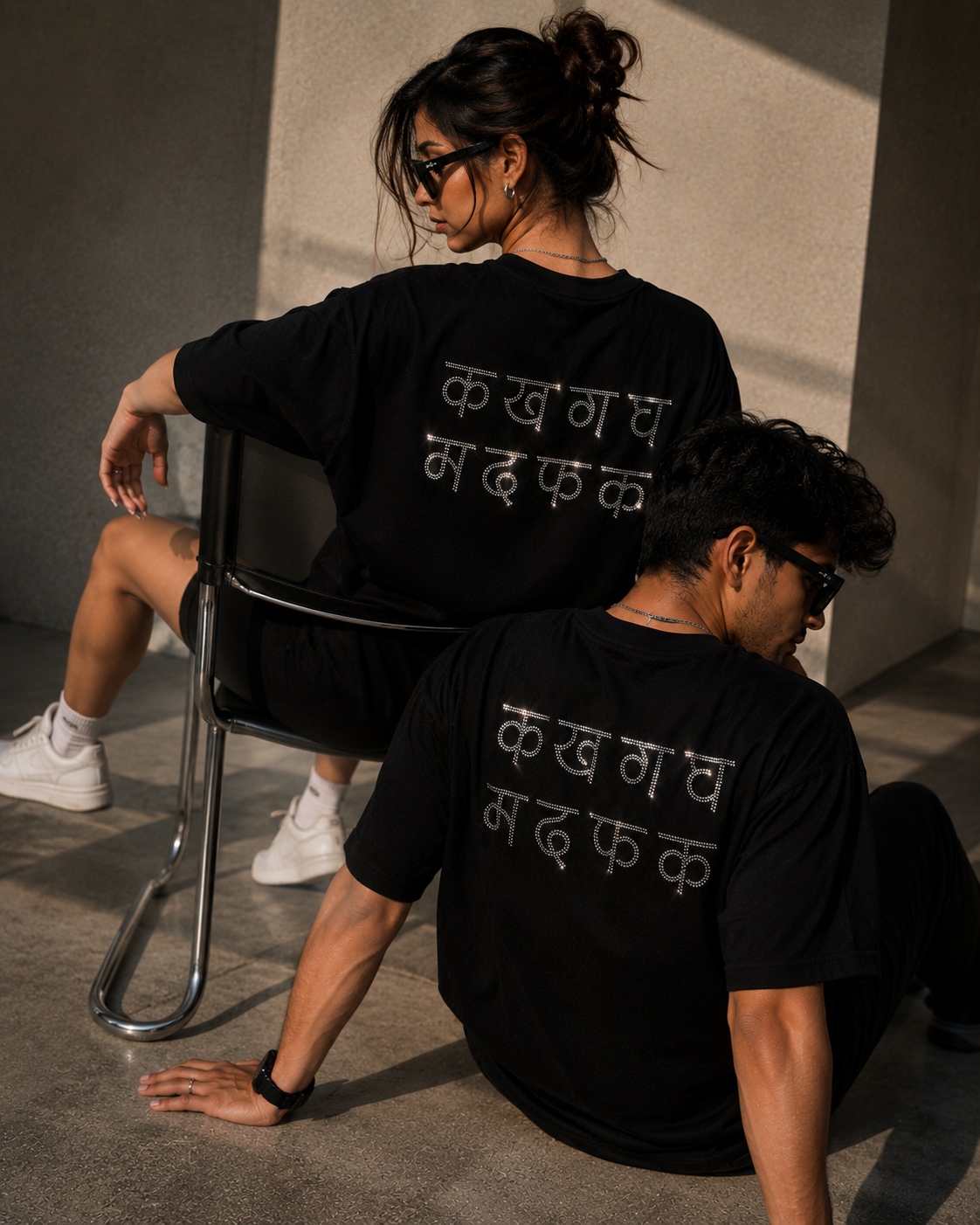 क ख ग घ म द फ क Rhinestone Hindi Typography Oversized Black T-Shirt