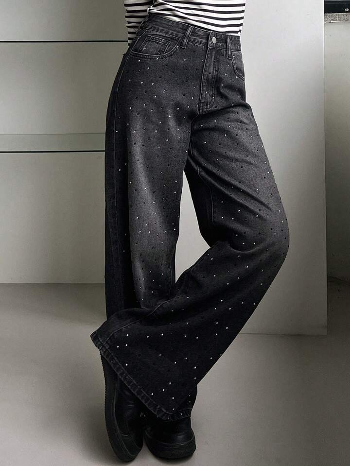 Black Wide-Leg Jeans with All-Over Rhinestone Detailing