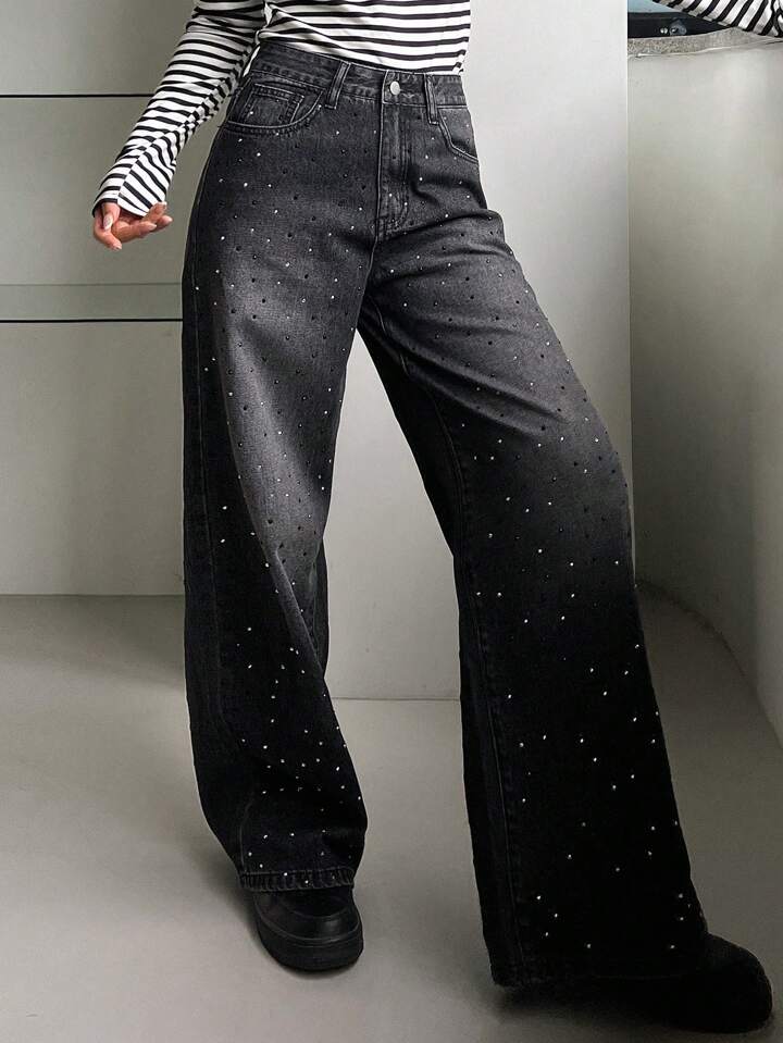 Black Wide-Leg Jeans with All-Over Rhinestone Detailing