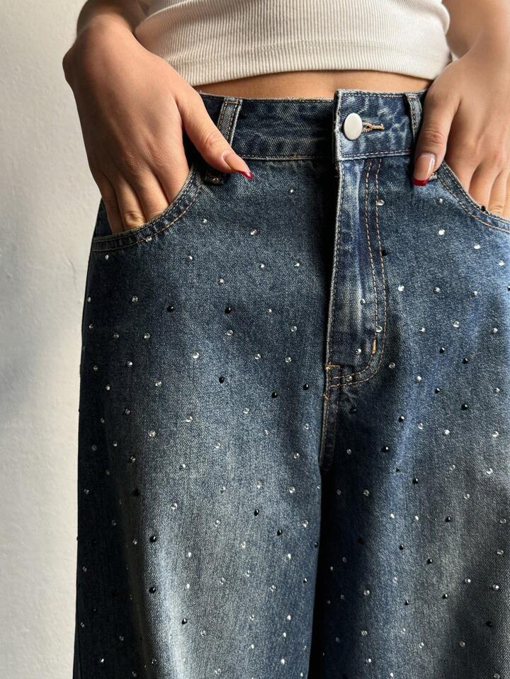 Blue Wide-Leg Jeans with All-Over Rhinestone Embellishments