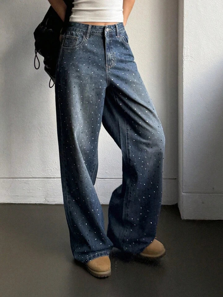 Blue Wide-Leg Jeans with All-Over Rhinestone Embellishments