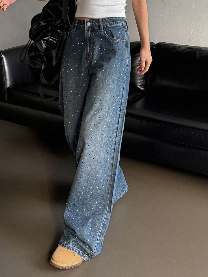 Blue Wide-Leg Jeans with All-Over Rhinestone Embellishments