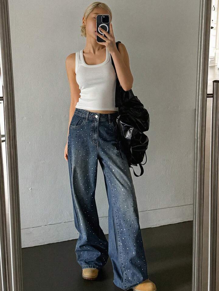 Blue Wide-Leg Jeans with All-Over Rhinestone Embellishments