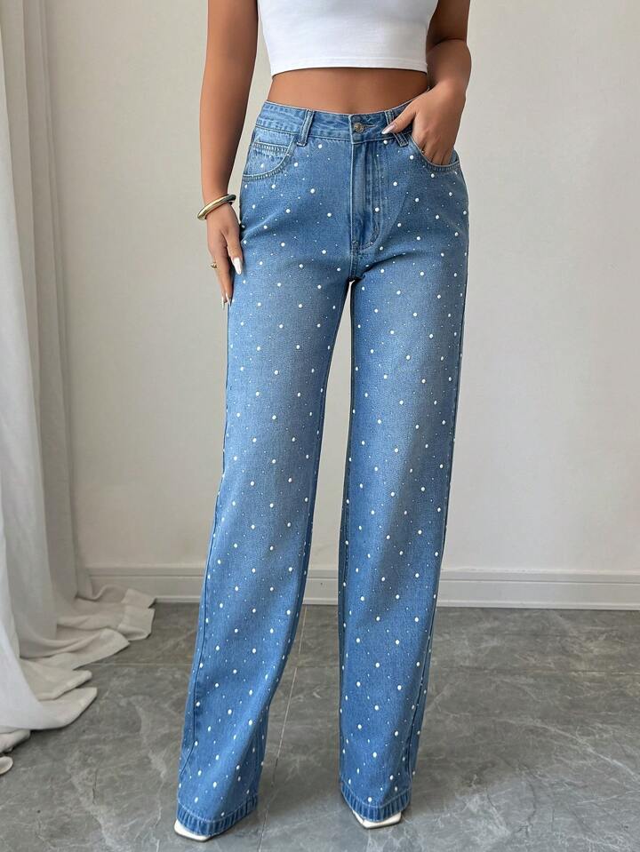 Elenzga Women's Casual Elegant Rhinestone & Pearl Embellished Straight Leg Jeans ( Only Front )