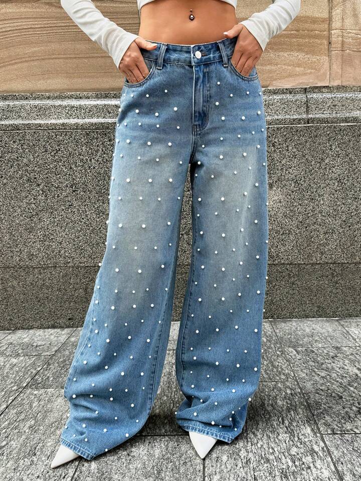 Pearl Studded Light Blue Denim