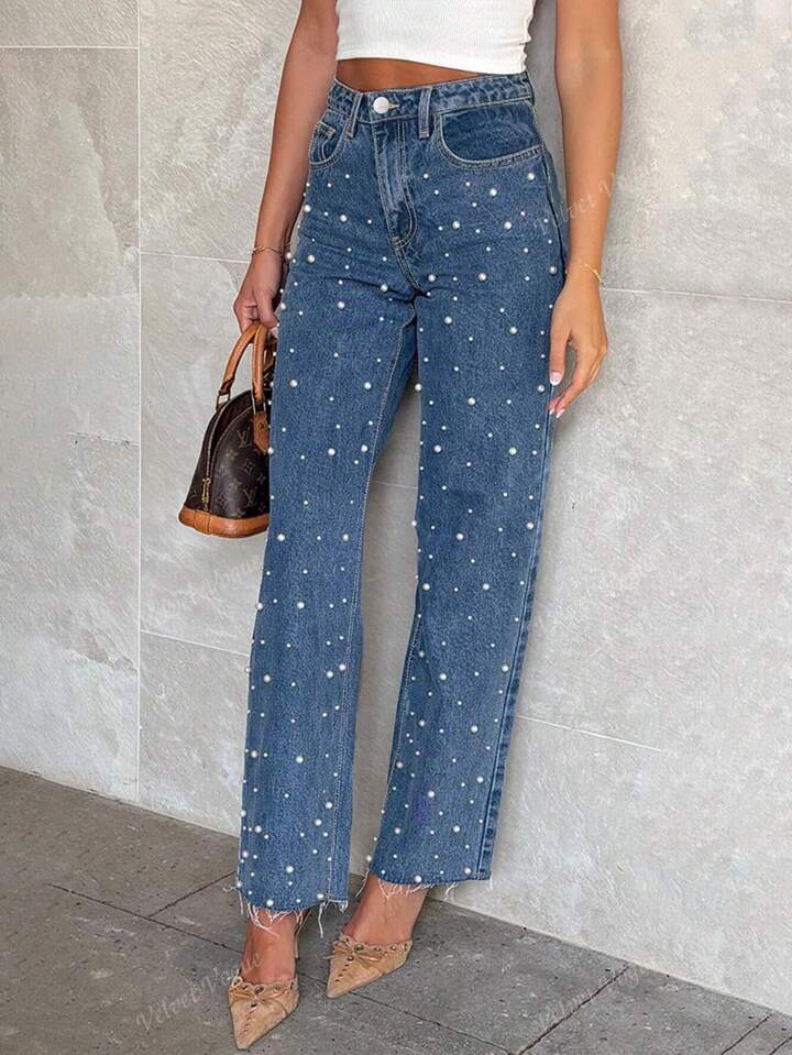 High-Rise Straight Jeans With White Pearl