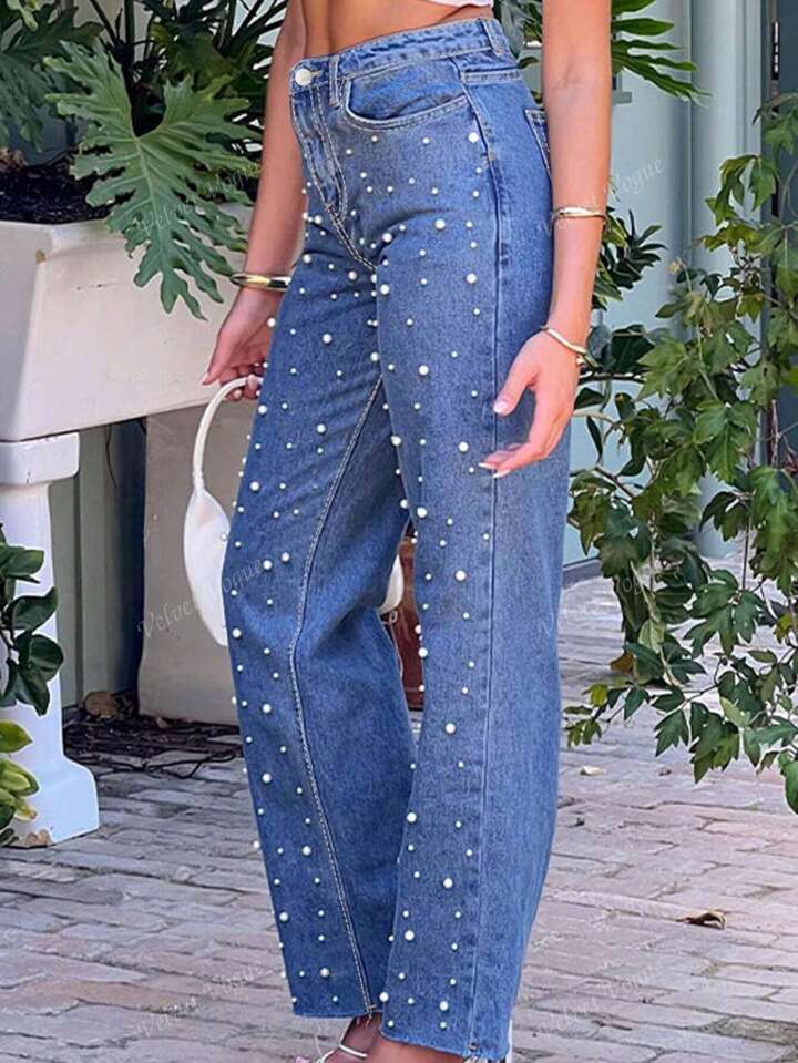 High-Rise Straight Jeans With White Pearl