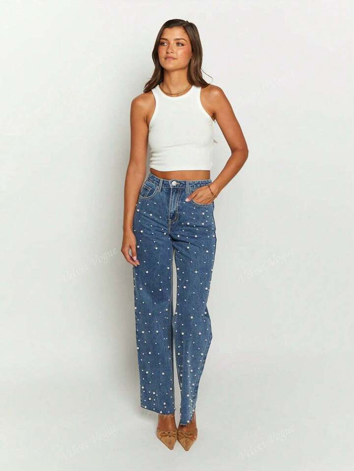 High-Rise Straight Jeans With White Pearl