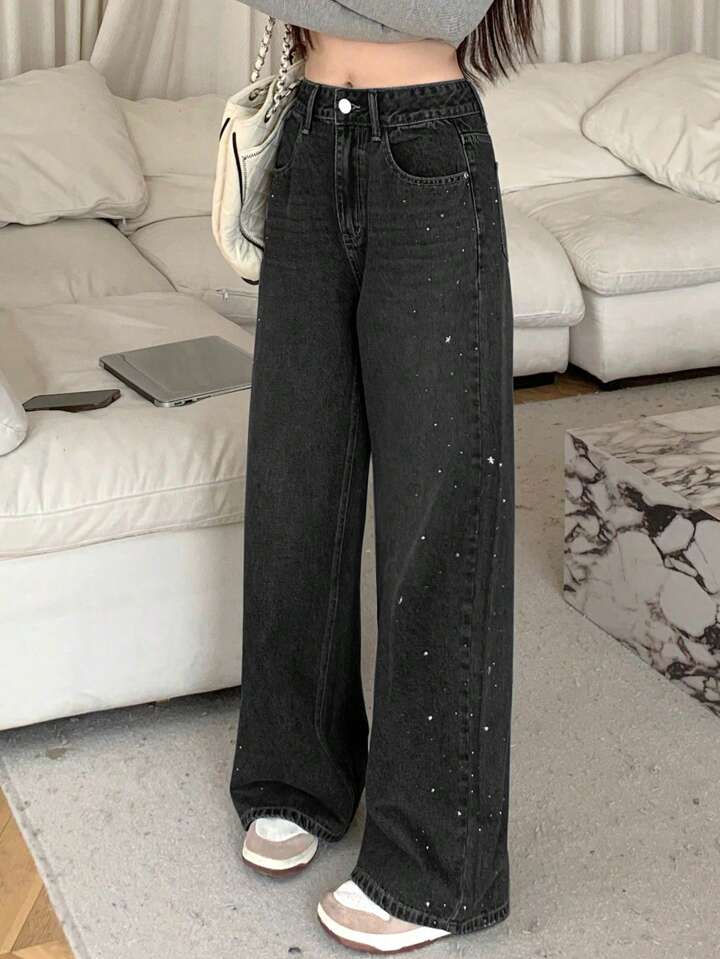 Women's Sparkly Rhinestone Studded Wide Leg Denim Pants