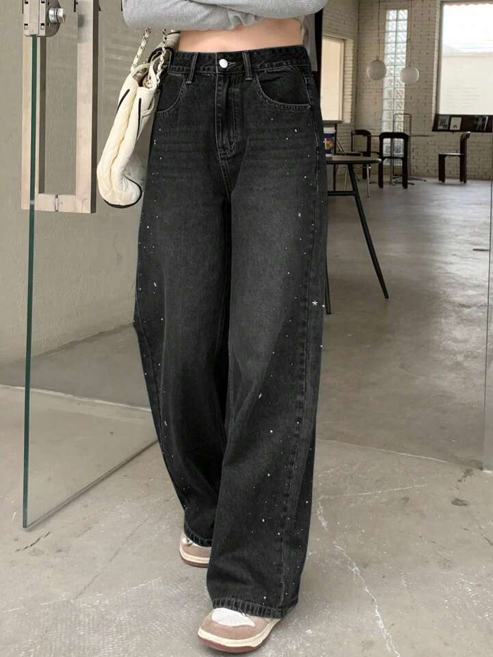 Women's Sparkly Rhinestone Studded Wide Leg Denim Pants