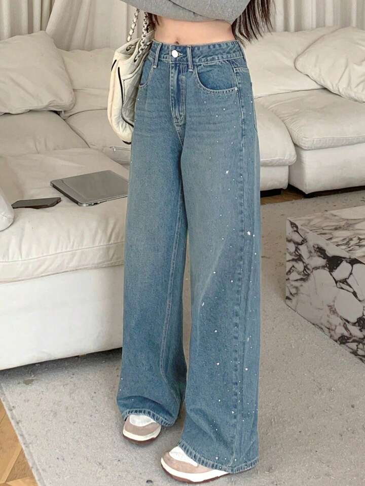 Trendy Loose Fit Blue Jeans with Crystal Embellishments