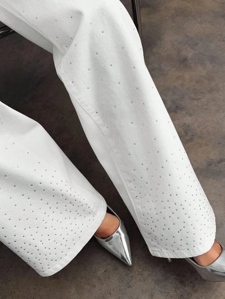 High Waist White Denim Wide Leg Jeans with Rhinestone Fade