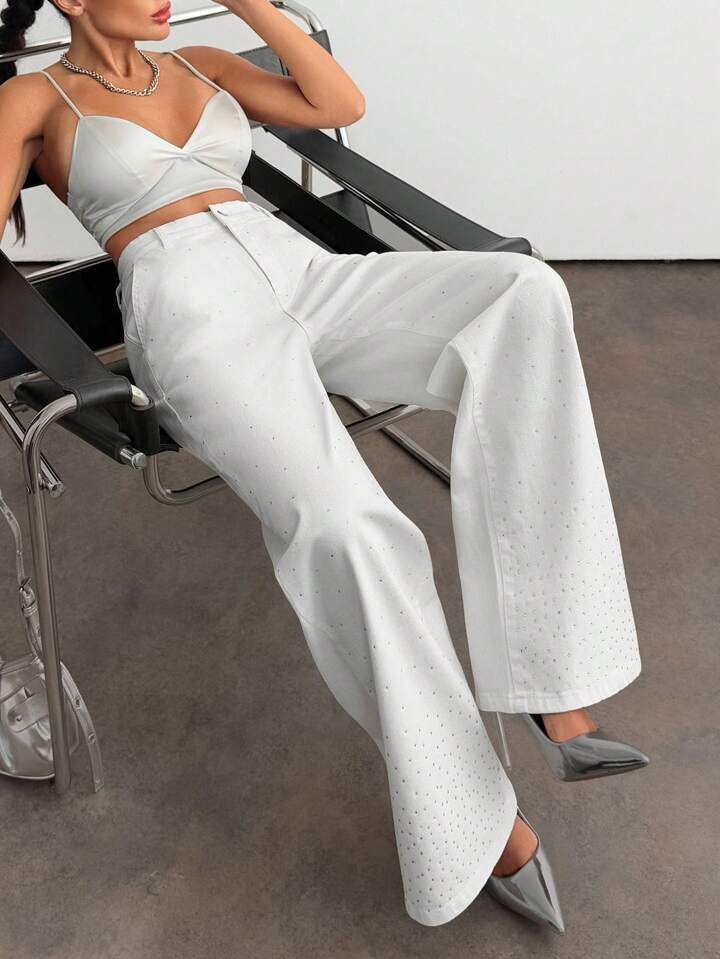High Waist White Denim Wide Leg Jeans with Rhinestone Fade