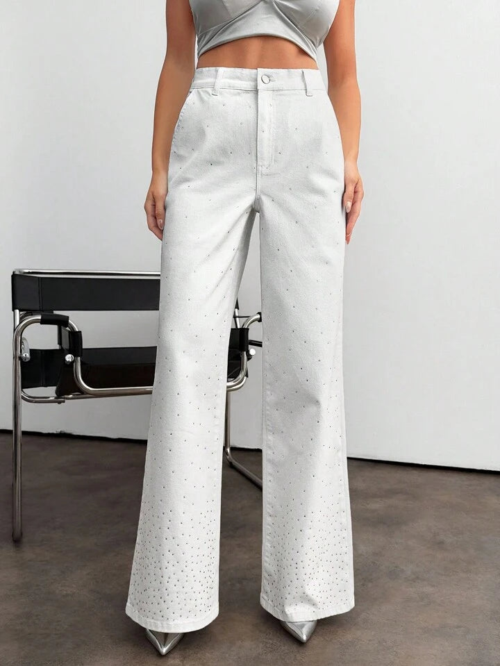 High Waist White Denim Wide Leg Jeans with Rhinestone Fade