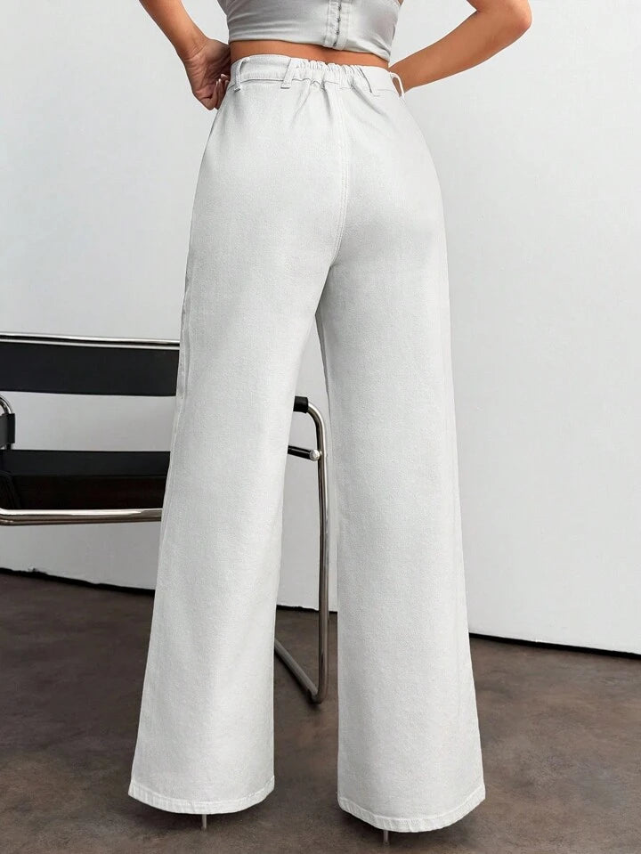 High Waist White Denim Wide Leg Jeans with Rhinestone Fade