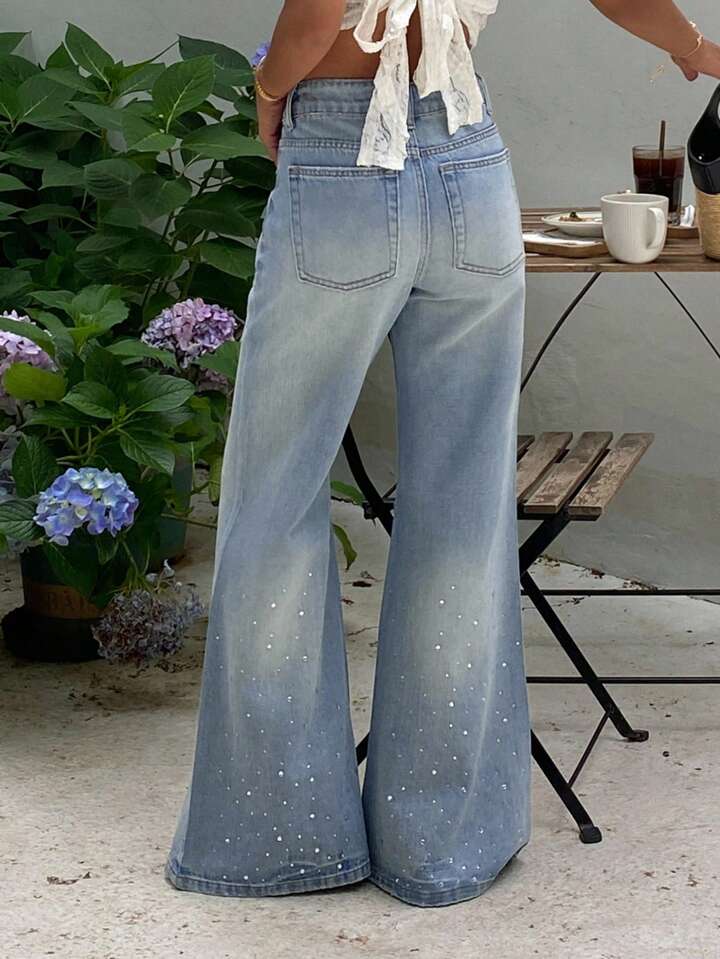 High Waist Rhinestone Flare Jeans / Light Blue Wash Bell Bottoms