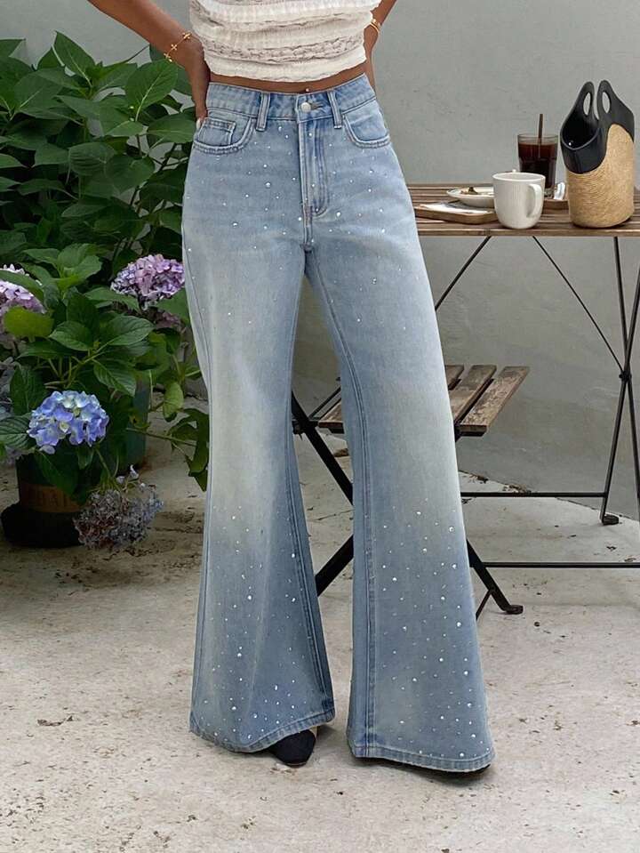 High Waist Rhinestone Flare Jeans / Light Blue Wash Bell Bottoms