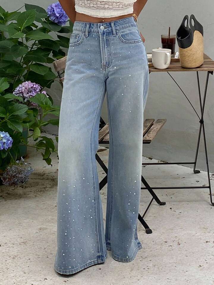 High Waist Rhinestone Flare Jeans / Light Blue Wash Bell Bottoms
