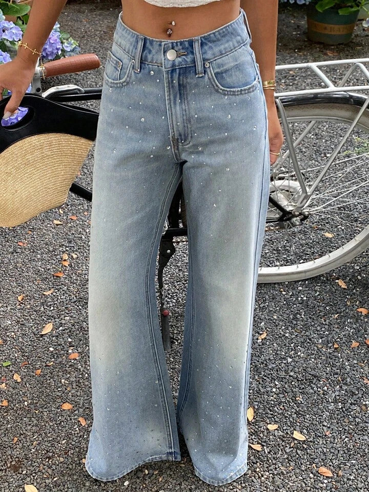 High Waist Rhinestone Flare Jeans / Light Blue Wash Bell Bottoms