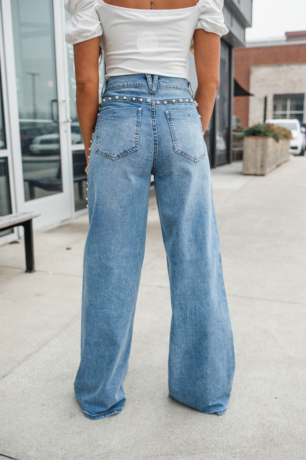 High-Rise Wide-Leg Jeans with Luxe Side Pearl Studs