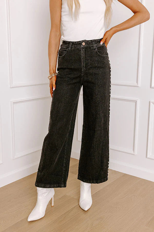 Statement Side Pearl Detail Black Wash Jeans
