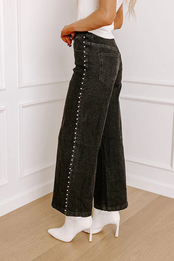 Statement Side Pearl Detail Black Wash Jeans