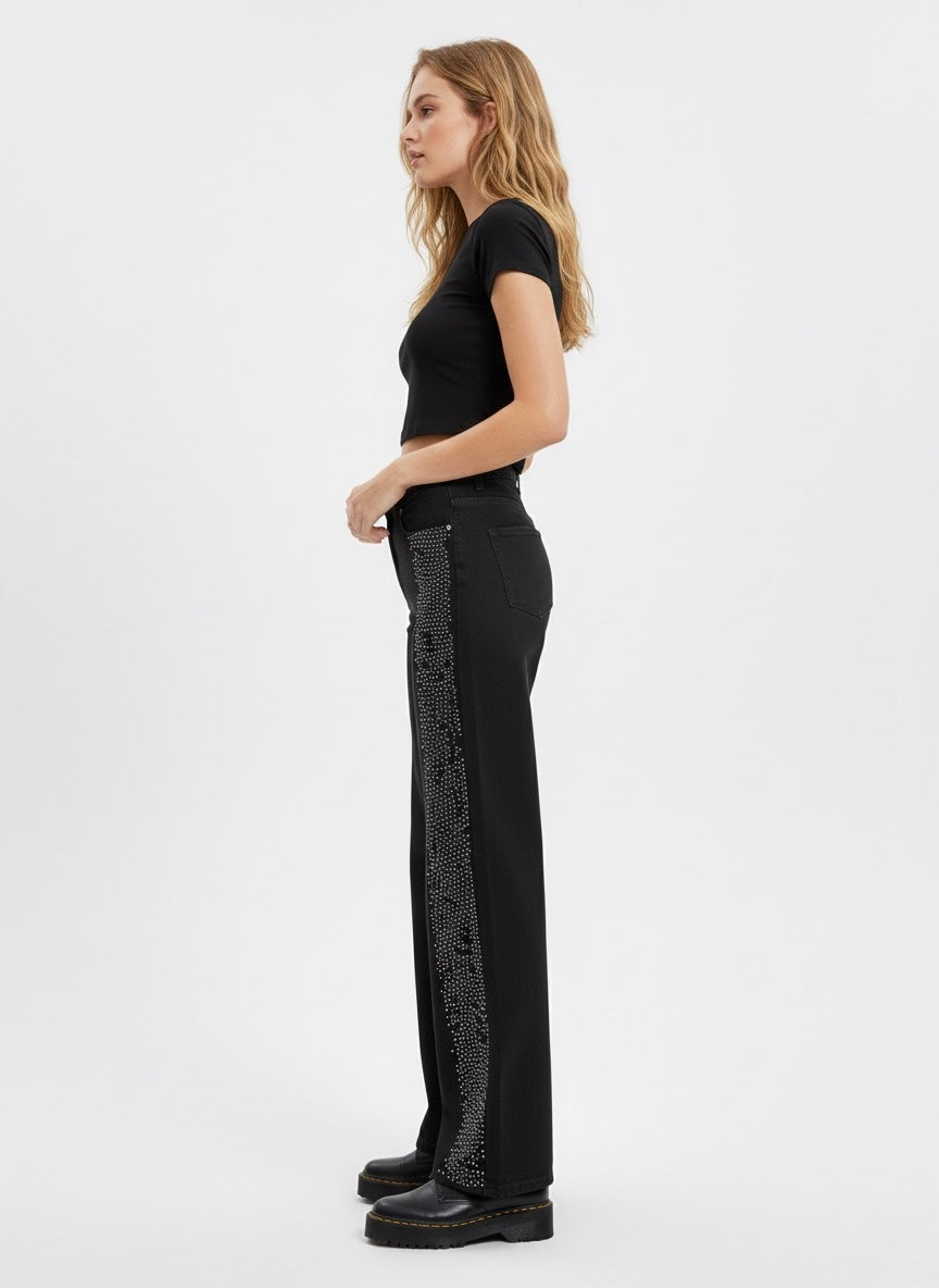Black Wide-Leg Jeans with Side Rhinestone Detailing