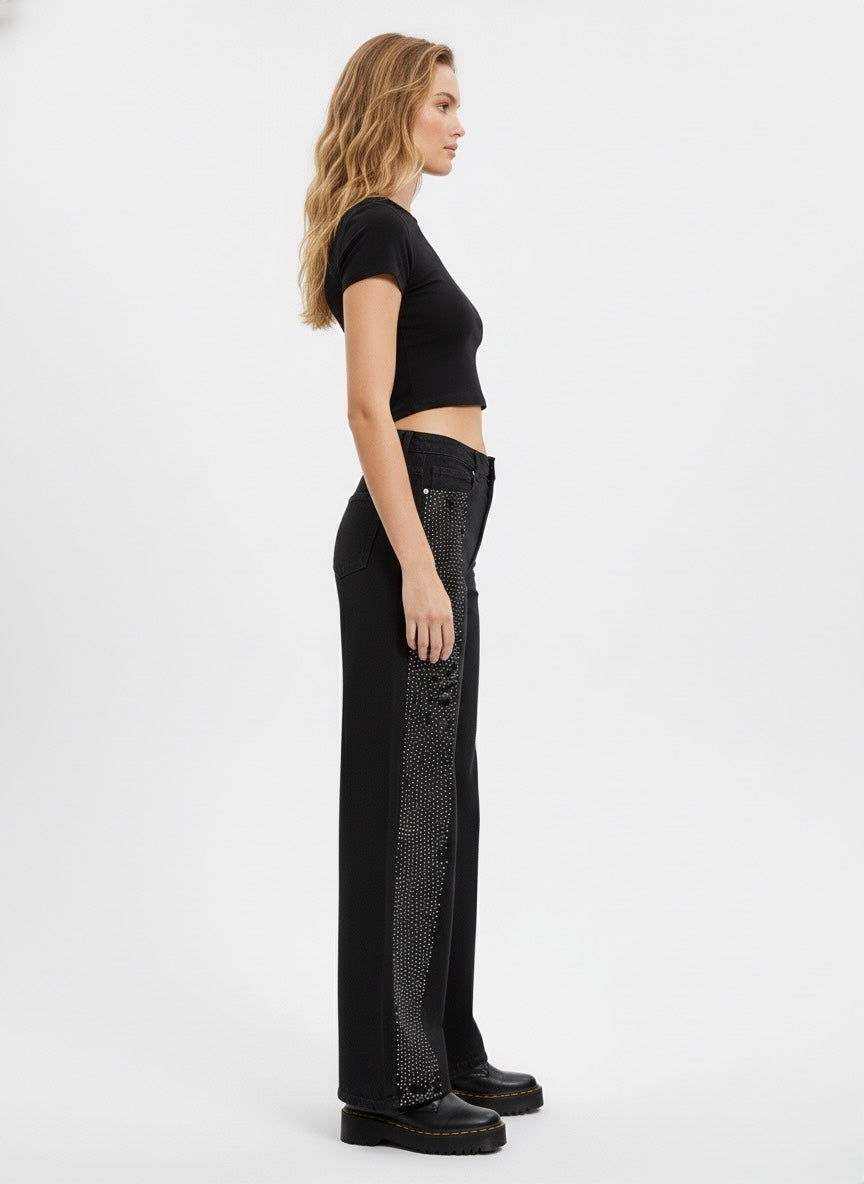 Black Wide-Leg Jeans with Side Rhinestone Detailing