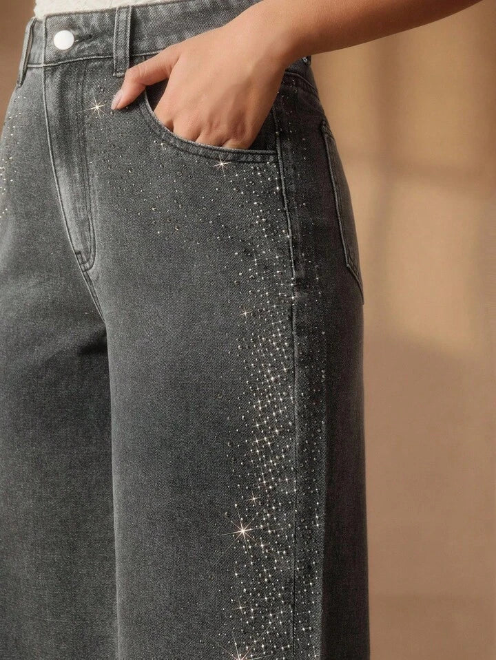 Shimmering Rhinestone High-Waist Wide-Leg Denim Jeans