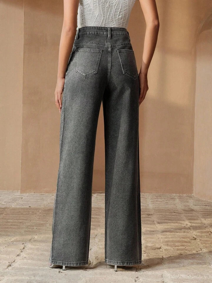Shimmering Rhinestone High-Waist Wide-Leg Denim Jeans
