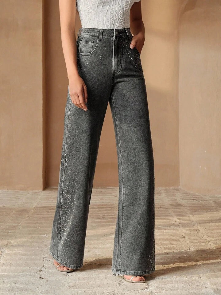 Shimmering Rhinestone High-Waist Wide-Leg Denim Jeans