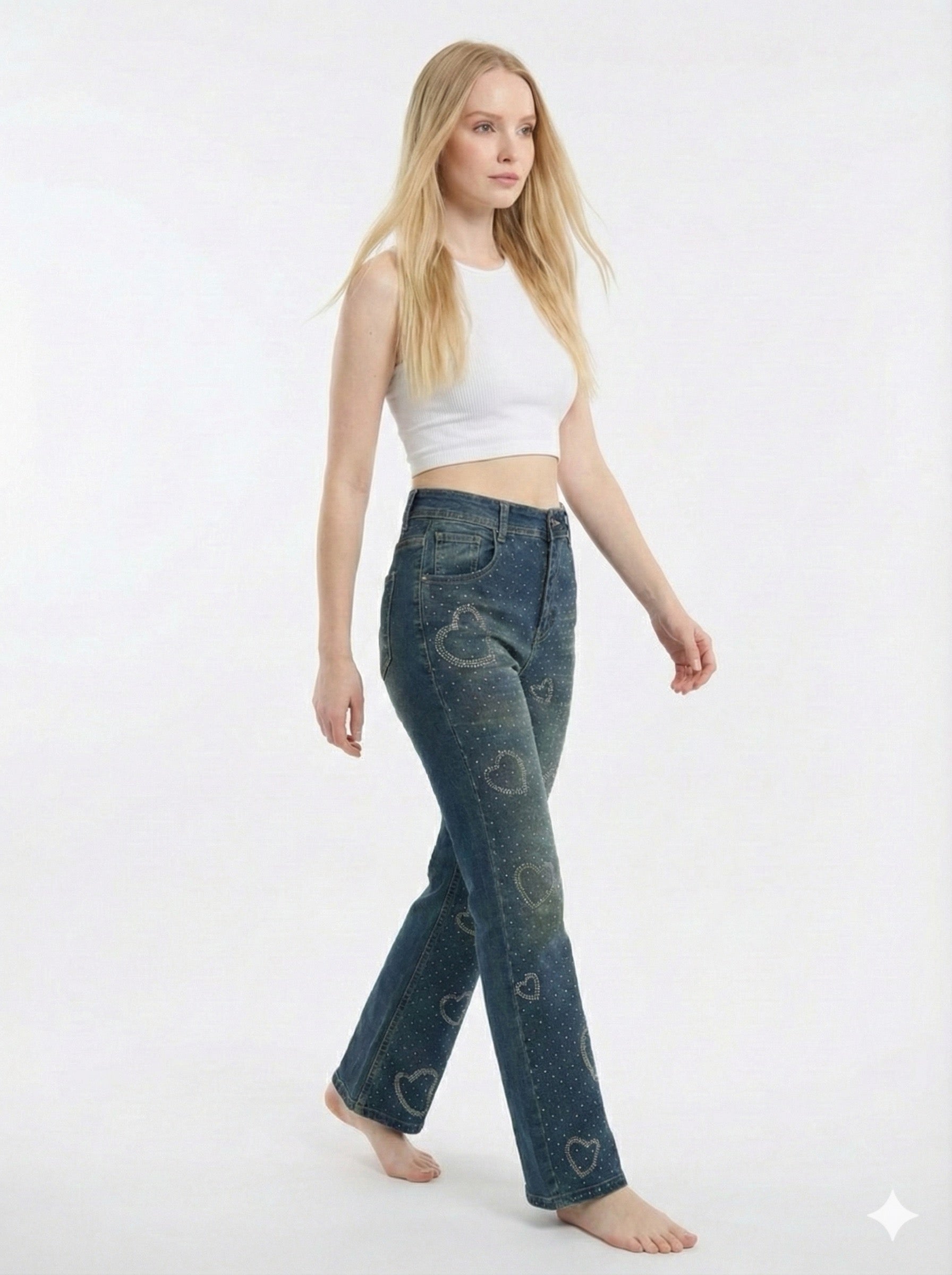 High-Waist Wide Leg Jeans with Rhinestone Hearts